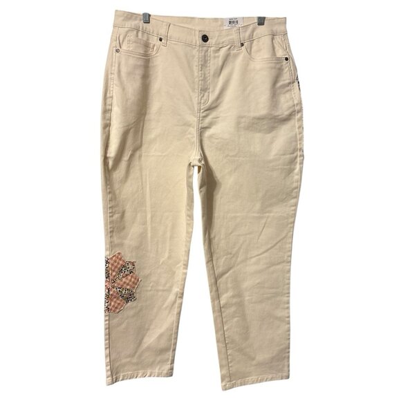 Style & Co Womens 16 Ivory Floral Patches Straight Denim Hi Rise Jeans NEW - Picture 1 of 6